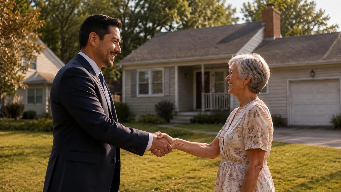 A Kompass representative shaking hands with a homeowner in front of her house